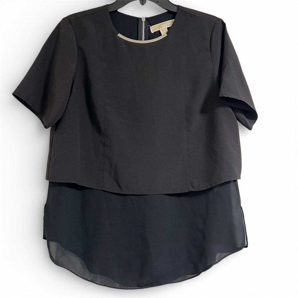 Michael Kors Layered Crop Sheer Blouse with Metal Collar detail Black Size S